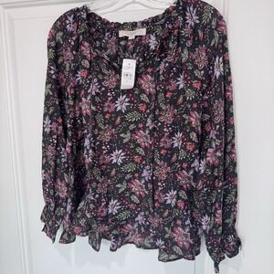 LOFT Floral Long Sleeve Ruffle Blouse Black Pink Purple Top Size Small NWT